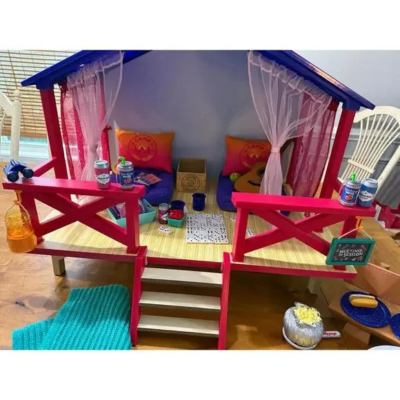 American Girl Retired Camp Hangout Tent Cabin Games with Campfire Set bench